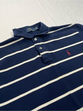 Polo by Ralph Lauren Navy Blue & White Striped Polo with Red Pony